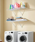 Heavy Duty Carbon Steel Wall Mounted Wire Shelf Kit Set Of 2 with laundry supplies and towels in a laundry room.