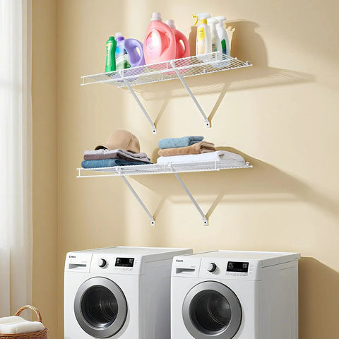 Heavy Duty Carbon Steel Wall Mounted Wire Shelf Kit Set Of 2 with laundry supplies and towels in a laundry room.