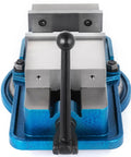 Heavy Duty Six Inch Milling Vise With Swivel Base And Tough As Nails Jaw Clamp For CNC Mill Lockdown front view of sturdy vice with blue finish.