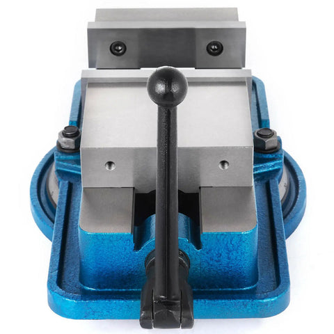 Heavy Duty Six Inch Milling Vise With Swivel Base And Tough As Nails Jaw Clamp For CNC Mill Lockdown front view of sturdy vice with blue finish.
