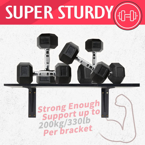 14 Inch Black Shelf Bracket Set, Heavy Duty Corner Braces That Support 440 Lbs, weights on shelf demonstrating sturdiness