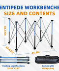 Diagram showing Six-Leg Portable Folding Workstand, Heavy Duty Foldable Workbench Built to Haul Up to 2425 Lbs dimensions and bag.