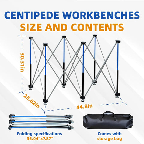 Diagram showing Six-Leg Portable Folding Workstand, Heavy Duty Foldable Workbench Built to Haul Up to 2425 Lbs dimensions and bag.