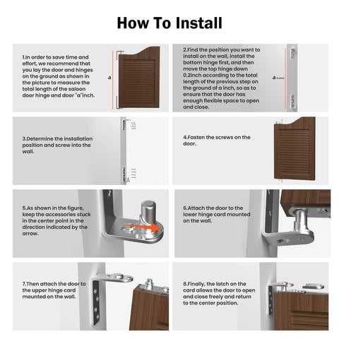 Installation guide for Saloon Door Hinges Two Pack Double Action Stainless Steel Swing Hinge showing step-by-step instructions.