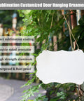 6 Pack 8 Inch Sublimation Door Hangers With Double Sided Aluminum Blanks hanging from jute rope outdoors