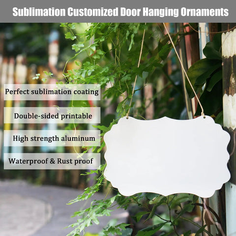 6 Pack 8 Inch Sublimation Door Hangers With Double Sided Aluminum Blanks hanging from jute rope outdoors
