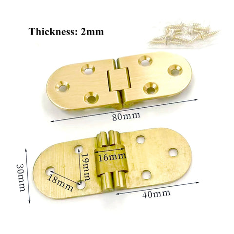 Heavy Duty Solid Brass Flap Hinges For Butler Tray Tables And Portable Flip Tops Offering Slick Butter Smooth 180 Degree Rotation With Reliable Flush Closing And Full Mounting Kit Included For Top Shelf Craftsmanship, showing dimensions and thickness.