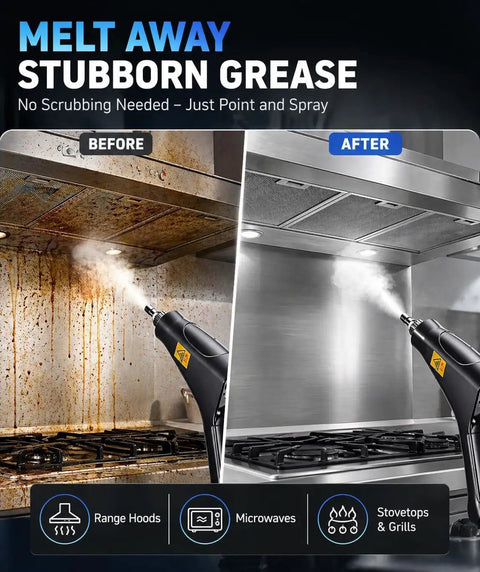 Before and after image of Beast Mode Handheld Steam Cleaner With 2500W Rapid Heat And 1800Ml Big Tank for cleaning grease.