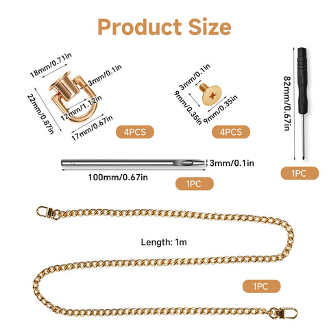 Gold D Ring Hardware Kit For Purse Straps With 360 Rotatable D Rings, Rivet Screws Kit, Punch Tool And Screwdriver dimensions