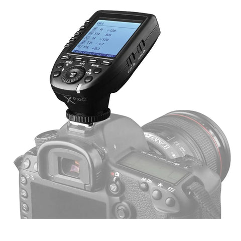XProC Canon TTL Wireless Flash Trigger With 1 To 8000s High Speed Sync on Canon camera, highlighting large screen slanted design
