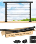 Surface Mount Cable Railing Kit With Black T316 Stainless Steel Rope Flat Top Posts And Swageless Fittings For Straight Up Solid Deck Guardrails No Sweat Heavy Duty DIY Installation with 36inch posts and cable set.