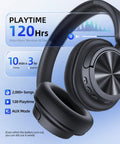 Hybrid Active Noise Canceling Wireless Headphones With 120-Hour Battery Life Bluetooth 6.0 Over-Ear Headphones, ENC HD Mic For Crystal Clear Calls, Hi-Res 360 Spatial Audio, Built For Travel And Gym, Black, showing 120-hour playtime feature