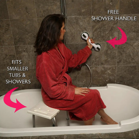 Person using Adjustable Shower Chair With Free Grab Bar For Inside Shower And Tub Plastic Bath Seat Non Slip Shower Stool in a tub