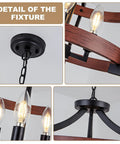 Close-up of Convertible Three Light Farmhouse Chandelier with pendant or semi flush mount, black metal, walnut finish details.