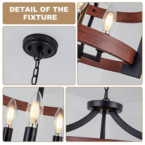 Close-up of Convertible Three Light Farmhouse Chandelier with pendant or semi flush mount, black metal, walnut finish details.