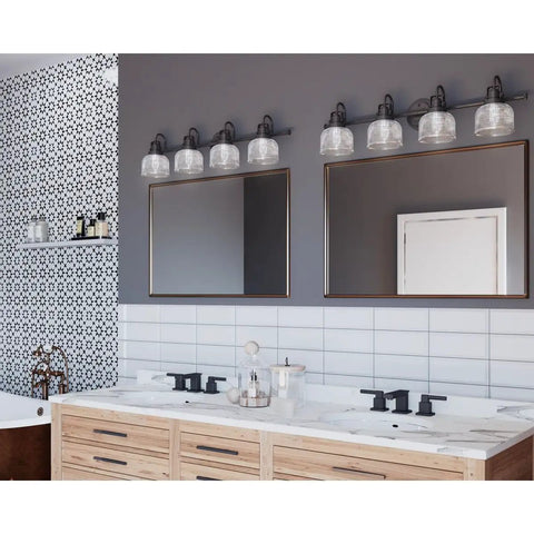 Bathroom with Archie Collection 4-Light Bath Vanity Light With Clear Double Prismatic Glass Shades In Venetian Bronze Finish