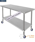 Built Tough 4 Inch Heavy Duty Caster Wheels With Expanding Stem And Dual Brakes 1320 Lb Capacity on stainless steel table.
