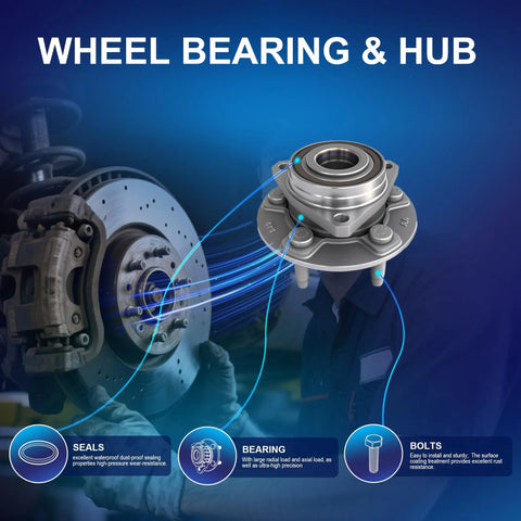 Front Or Rear Wheel Hub Bearing Assembly Fits 2010-2017 Chevrolet Equinox Malibu Impala 2010-2017 GMC Terrain Buick LaCrosse Regal Allure Cadillac XTS Saab 9-5 Ready To Roll in close-up view with ABS sensor and mounting bolts.