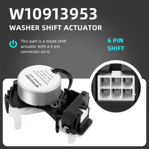 Premium Upgraded Washer Shift Actuator Heavy Duty Nuts And Bolts Swap Out For Top Load Washing Machines Compatible With W10913953 And W11481722 showing 6 pin connector.