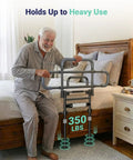 Elderly man using One Hand Fold Bed Rail For Seniors, 180 Degree Folding, Adjustable Height And Width, Black Safety Guard Rail For Bedside Access, ASTM F3186 Certified, Easy To Use And Stable.