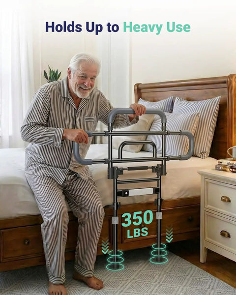 Elderly man using One Hand Fold Bed Rail For Seniors, 180 Degree Folding, Adjustable Height And Width, Black Safety Guard Rail For Bedside Access, ASTM F3186 Certified, Easy To Use And Stable.