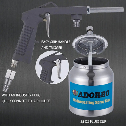 Heavy Duty Pneumatic Undercoating Spray Gun With Suction Feed Cup To Kick Rust To The Curb And Level Up Your Ride, featuring easy grip handle and 25 oz fluid cup.