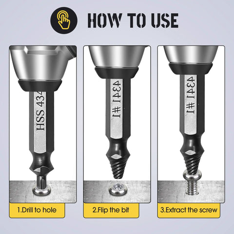 Image showing steps to use the Six-Piece HSS Screw Extractor Set For Damaged Stripped And Broken Bolts No-Hassle Removal.