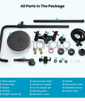 All parts of Oil Rubbed Bronze Wall Mounted Shower System With 8 Inch Rain Shower Head Tub Spout and Handheld Sprayer Three Function Diverter Double Cross Handles Solid Brass Construction laid out with labels.