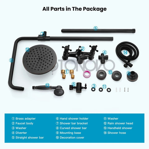 All parts of Oil Rubbed Bronze Wall Mounted Shower System With 8 Inch Rain Shower Head Tub Spout and Handheld Sprayer Three Function Diverter Double Cross Handles Solid Brass Construction laid out with labels.