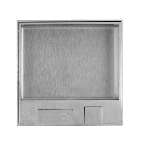 Heavy Duty Flush Floor Power Outlet Box Featuring Stainless Steel Silver Finish and Zero Fuss Easy Pull Lid Access top view.
