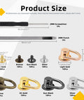 Size chart for Assorted 52 Piece Metal D Ring Rivets And Chicago Studs For Leather Crafts with tools and quantities.