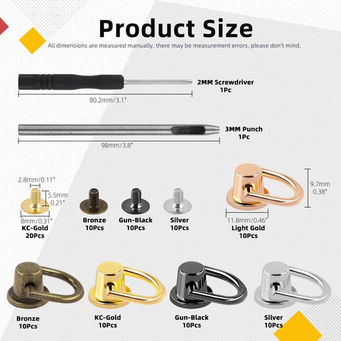 Size chart for Assorted 52 Piece Metal D Ring Rivets And Chicago Studs For Leather Crafts with tools and quantities.