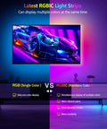 Dreamcolor RGBIC LED Strip Lights 33ft For Bedroom with single and rainbow color display in living room setup.