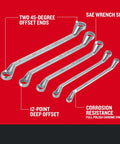 Offset Box End Wrench Set SAE 5 Piece With 45 Degree Angled Ends, Double Offset Design, Full Polish Chrome Finish on red background