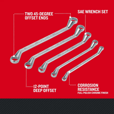 Offset Box End Wrench Set SAE 5 Piece With 45 Degree Angled Ends, Double Offset Design, Full Polish Chrome Finish on red background