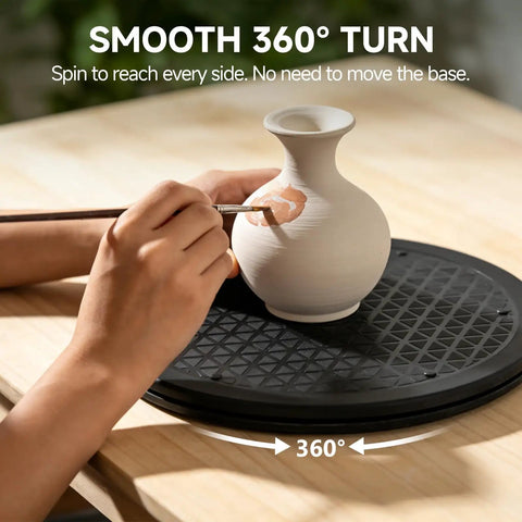 Bulk 6 Pack Of Slick 12 Inch Black Lazy Susan Turntables For Pantry Cabinet Organization Featuring Smooth 360 Spin Heavy Duty Plastic Rotating Trays being used to paint a vase.