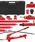 10 Ton Porta Power Hydraulic Jack Kit With 4.6 Ft Oil Hose And Storage Case For Auto Body Frame Repair Heavy Duty Truck Garage Equipment High Capacity kit components laid out with black storage case.