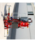 Portable Electric Hydraulic Telescopic Mast With No Sweat Deployment And Hella Strong Aluminum Construction, red with hydraulic components.