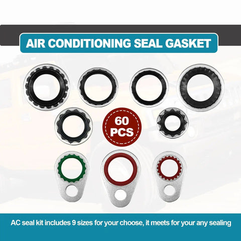 60 Piece AC System Compressor Gasket Seals Kit With 9 Sizes Bonded Seal Washers showcased on white background