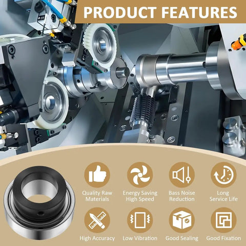 CSA205-16 Insert Bearing With Eccentric Locking Collar And Trash Guard Seals, 1 Inch Bore, 52mm OD, 31mm Wide, Pre-Filled NLGI-2 Grease, Heavy-Duty Farm Machinery Replacement Bearing shown with industrial features graphic