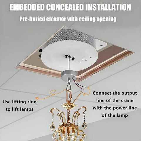 Heavy Duty Electric Chandelier Hoist With Super Long 19 Foot Lifting Stroke For High Ceiling Villus And Home Cleaning Winch System Motorized Lifter Supports Up To 40kg Heavy Load Safely, showing ceiling installation and lifting mechanism using a gold chandelier.