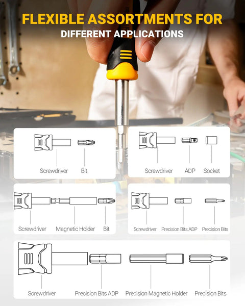 Close-up of the 78 PCS Precision Screwdriver Set All In One With Socket Bits And Ratcheting Wrench in use, showing flexibility.