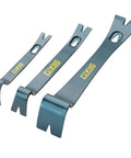 3 Piece Pry Bar Set With 5.5 Inch, 7.5 Inch And 10 Inch Nail Pullers, wide thin blades, forged steel construction, displayed on white background