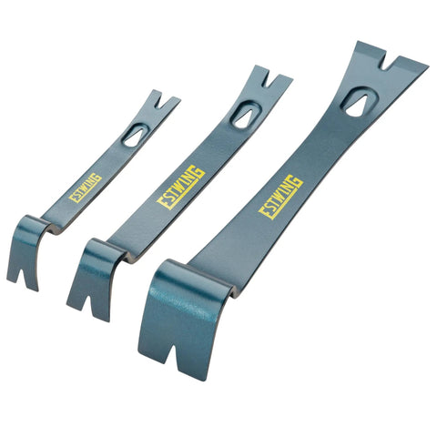 3 Piece Pry Bar Set With 5.5 Inch, 7.5 Inch And 10 Inch Nail Pullers, wide thin blades, forged steel construction, displayed on white background