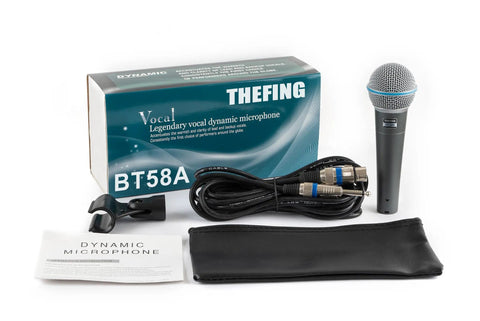 BT 58A Wired Dynamic Vocal Microphone For Singing, supercardioid handheld XLR mic with 16ft cable, stand adapter, and manual.