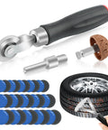 Heavy Duty Tire Repair Patch Kit 33 Piece Tool Set includes tungsten buffing wheel, scraper, and various rubber patches for quick fixes.
