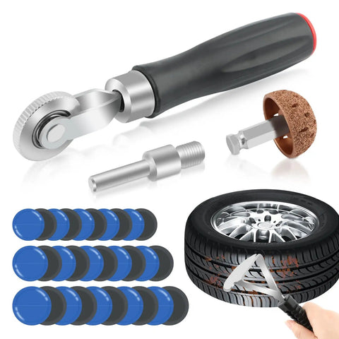 Heavy Duty Tire Repair Patch Kit 33 Piece Tool Set includes tungsten buffing wheel, scraper, and various rubber patches for quick fixes.