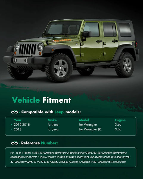 Green Jeep Wrangler compatible with high output 160 amp alternator replacement for 2012-2018 models