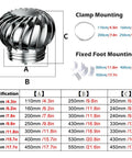 Chrome air vent turbine specifications with clamp and fixed foot mounting details, various sizes for installation.