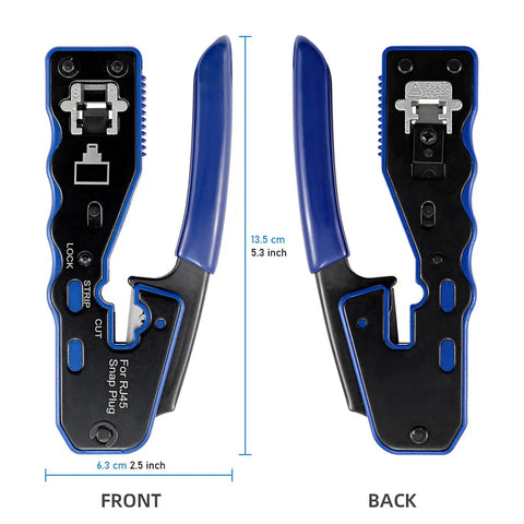 All In One Crimping Tool Kit For Ethernet And Phone Cables With RJ45 Cutter Wire Stripper And Network Crimper front and back view